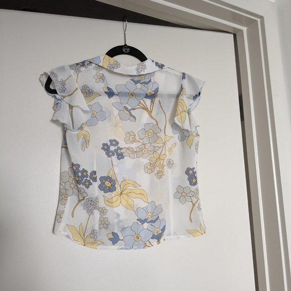 Silky Sheer White, Blue, and Yellow Floral Short Sleeve Blouse (Size: S/M) - Picture 2 of 3